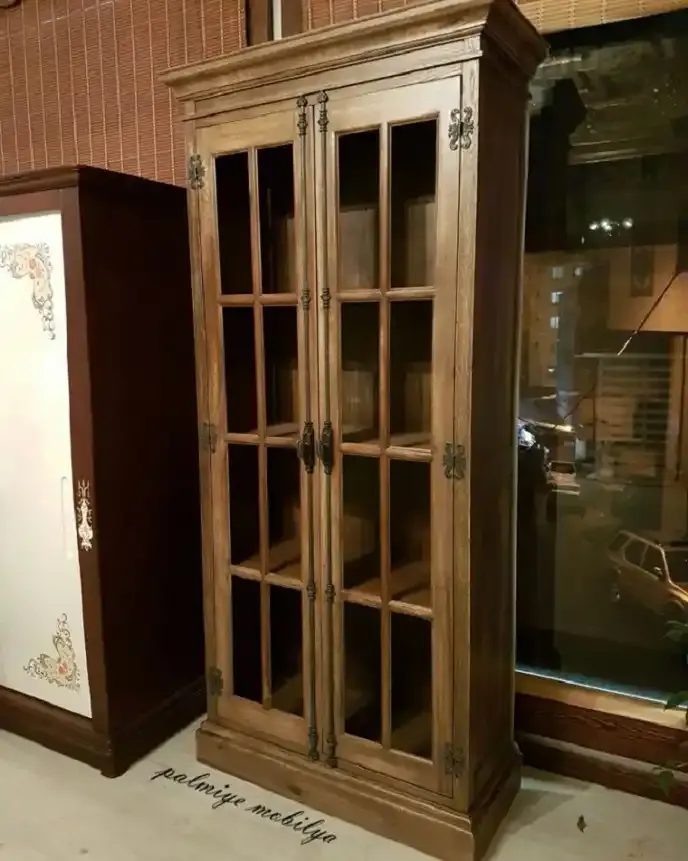 Glazed Office Bookcase – Rustic Wood, Decorative Iron Hinges