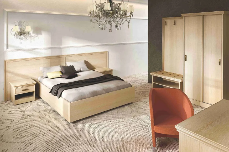 Hotel Room Furniture – Light Oak, Luggage Rack, Sliding Wardrobe