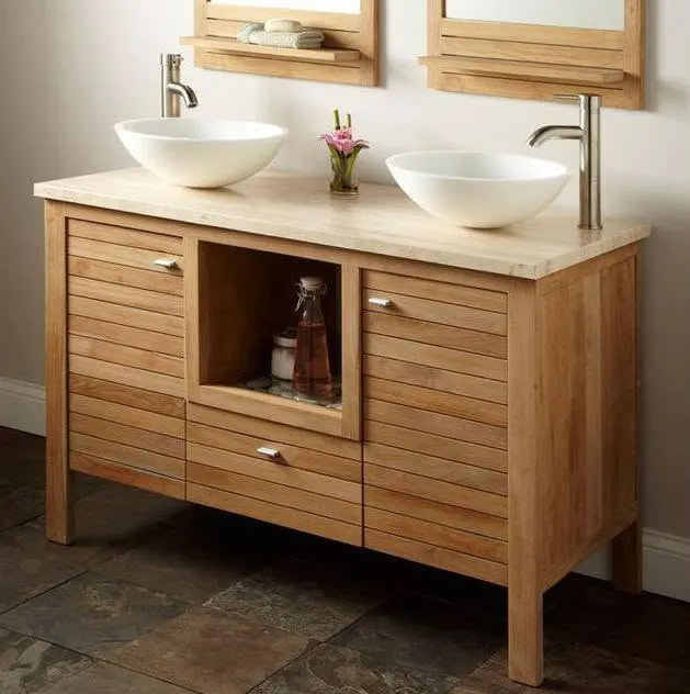 Teak-Tone Double Bathroom Vanity – Vessel Sinks, Centre Niche