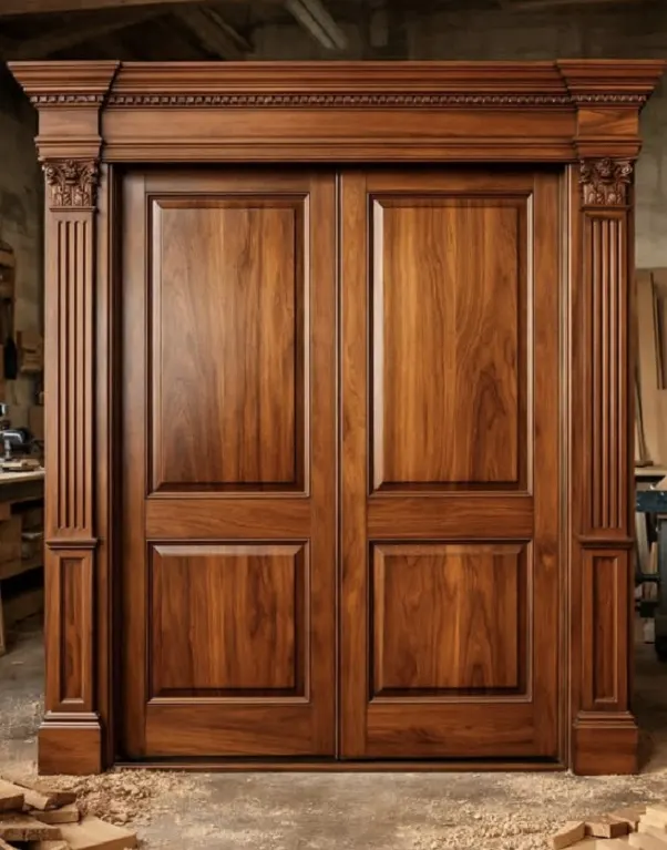 Walnut Double Door – Dentil Cornice, Capped Pilasters