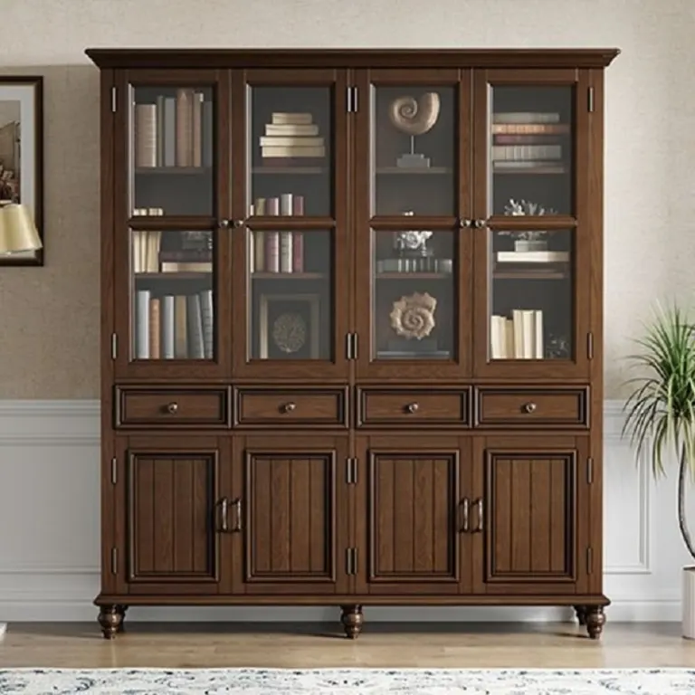 Walnut Glazed Bookcase Vitrine – Four Doors, Beadboard Base