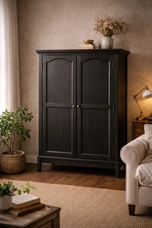 Black Classic Armoire – Arched Panel Doors, Cornice