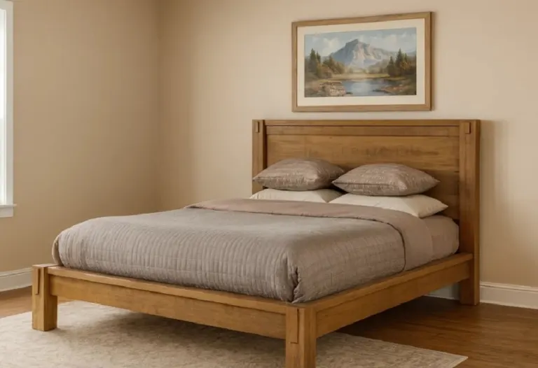 Honey Wooden Bed – Panel Headboard, Low Frame